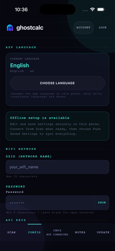 GhostCalc companion app Config screen